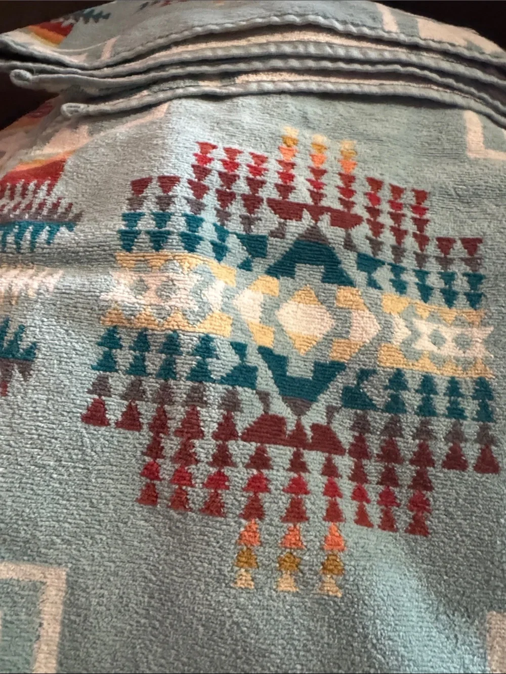 Pendleton Light Blue Bath Towel with Red, Orange & Yellow Southwestern Pattern